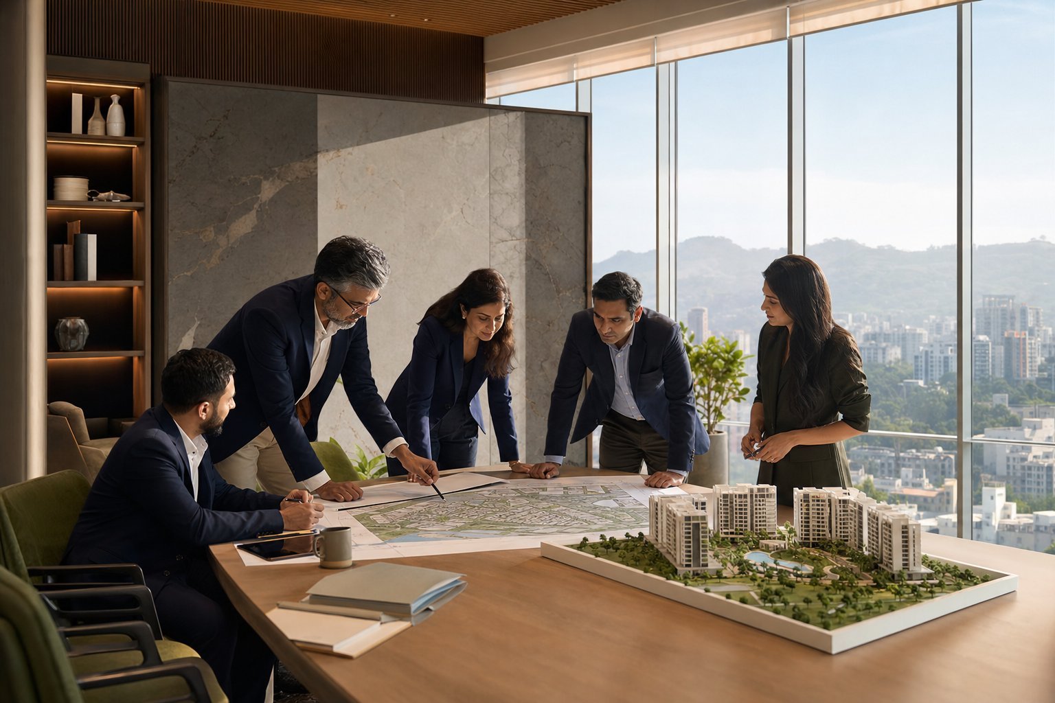 Real estate consultants collaborating around a masterplan and architectural model
