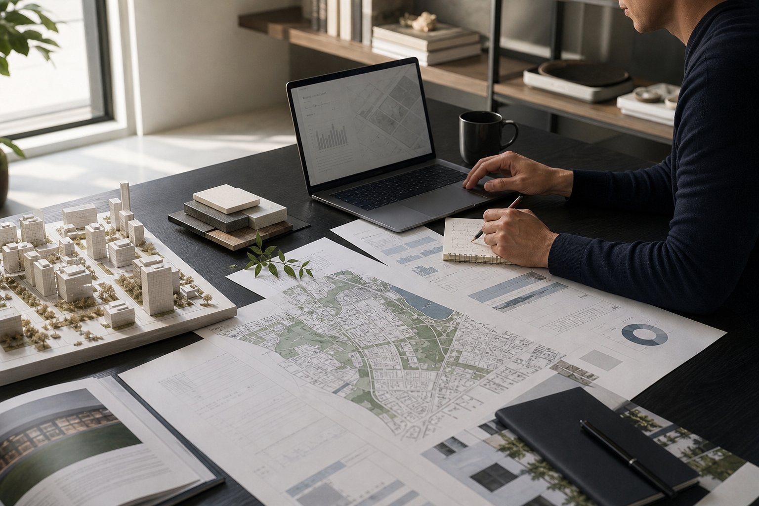 Consultant studying market maps, reports and an architectural model