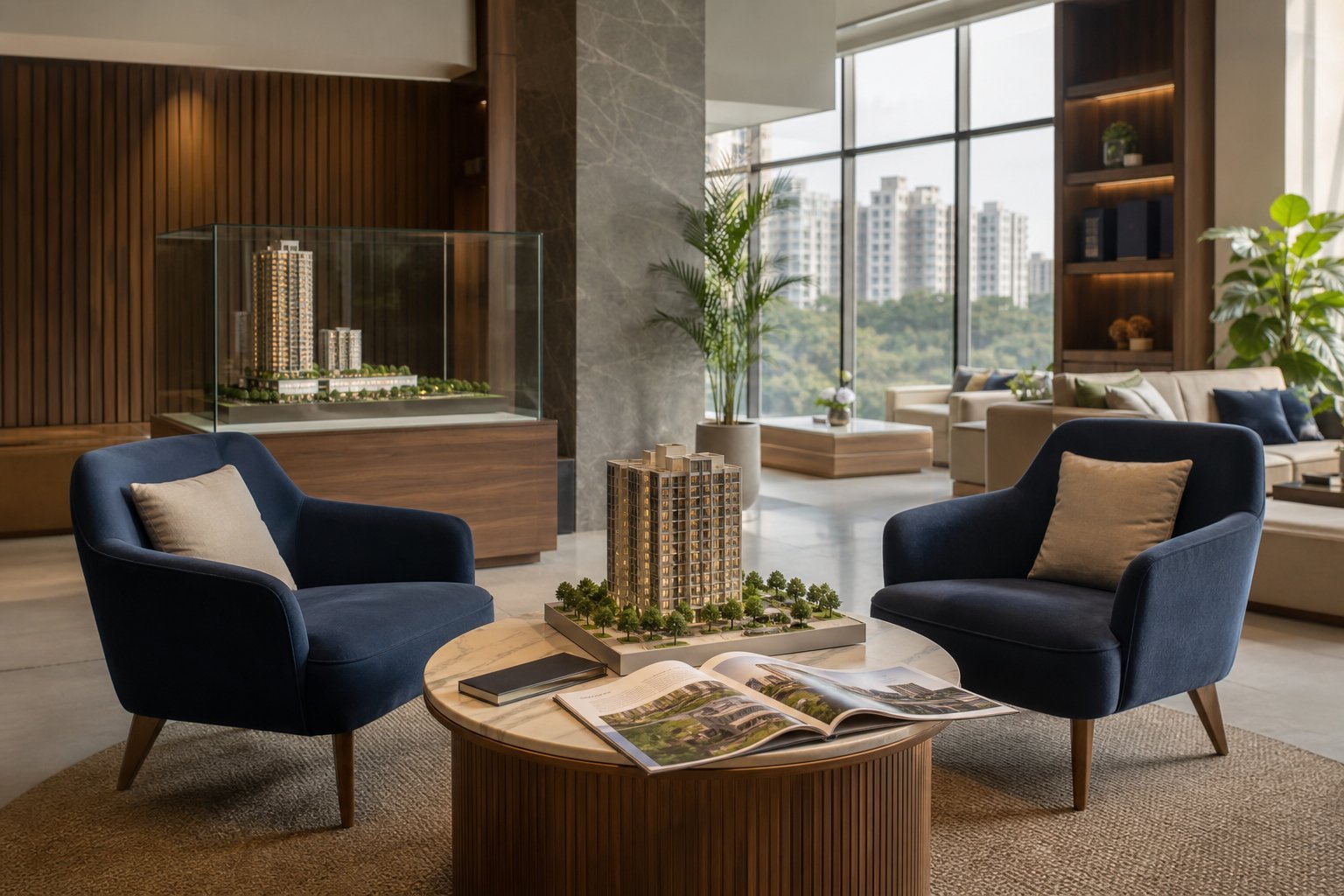 Welcoming real estate consulting meeting lounge with architectural models
