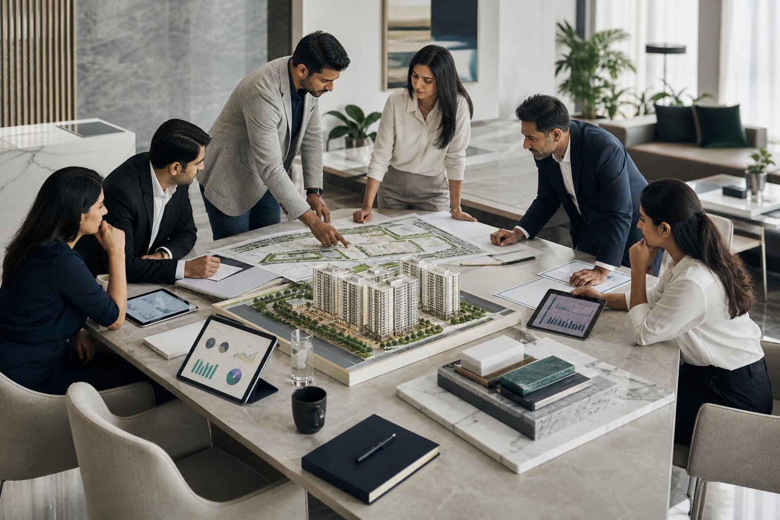 Multidisciplinary consultants working around a real estate model and planning dashboards