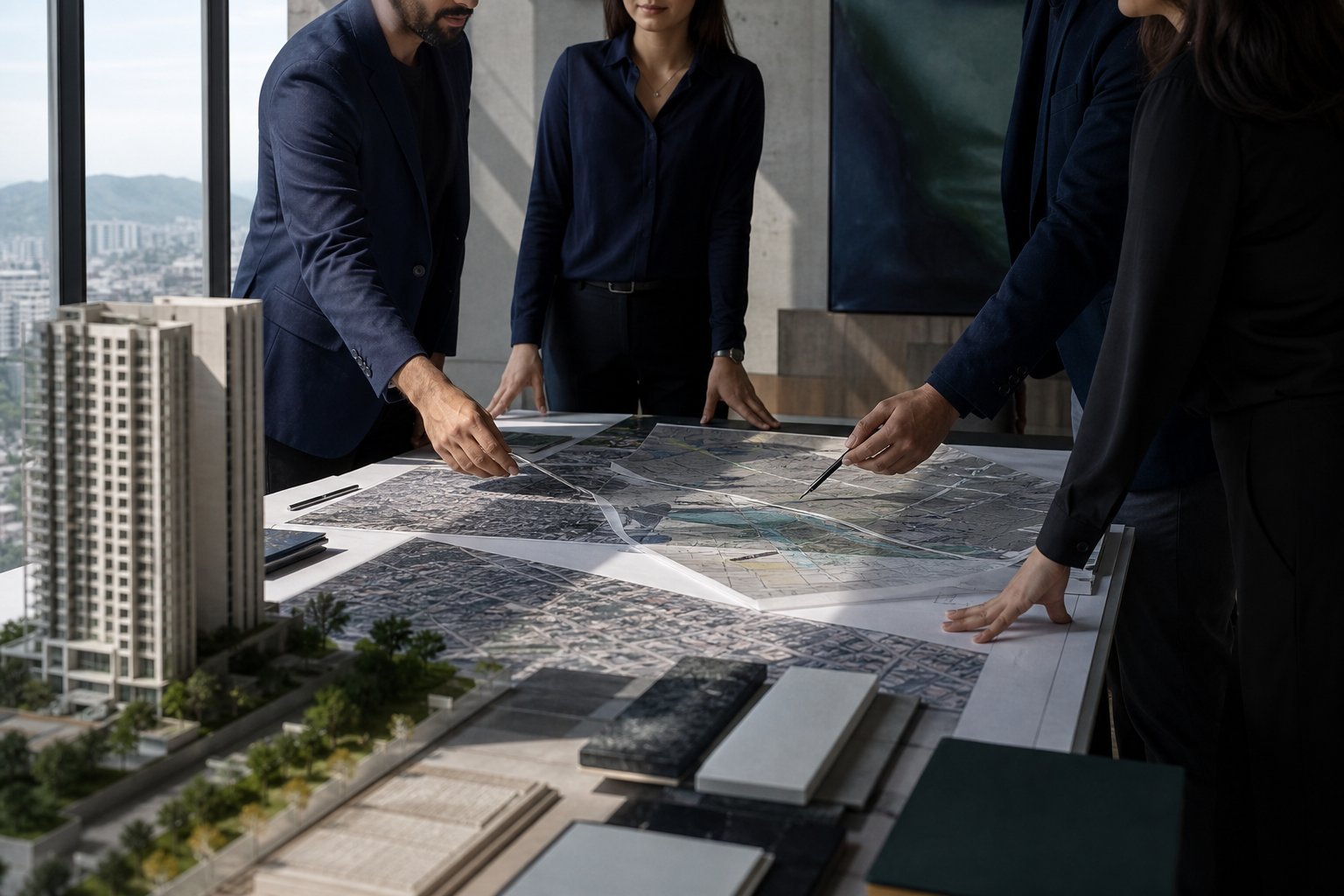 Consultants coordinating market maps, materials and an architectural model